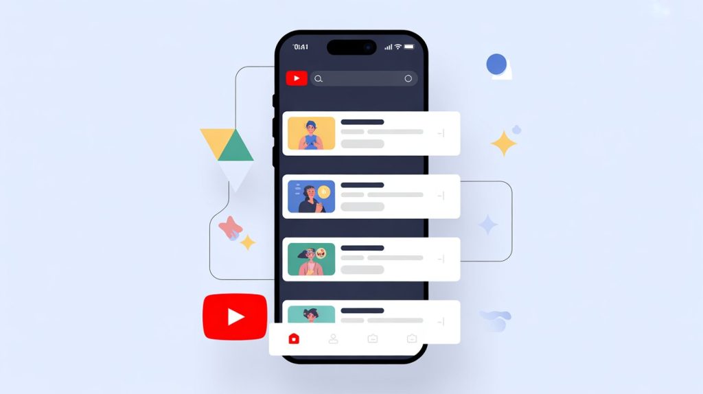 An illustration of a smartphone screen with a YouTube video player and a stream of thumbnails, representing a strategy for consistent and evergreen video content.