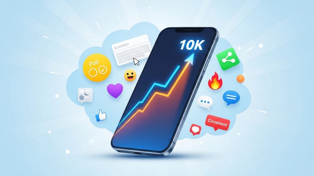An illustration of a smartphone with a view count line rising dramatically, surrounded by icons for polls, questions, and reactions, symbolizing a guide to boosting Instagram Story views.