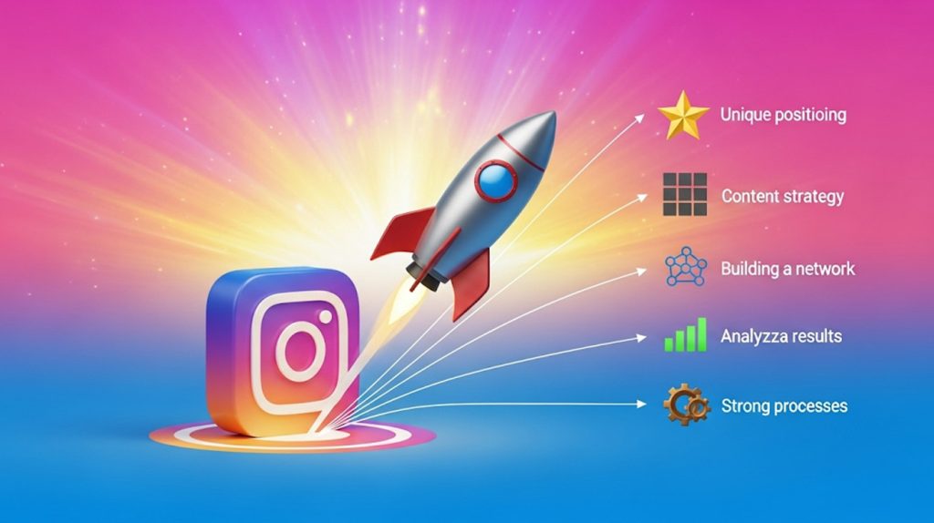 An illustration of a rocket ship taking off from an Instagram logo, with lines pointing to unique positioning, content strategy, building a network, analyzing results, and strong processes, symbolizing a guide to explosive growth.