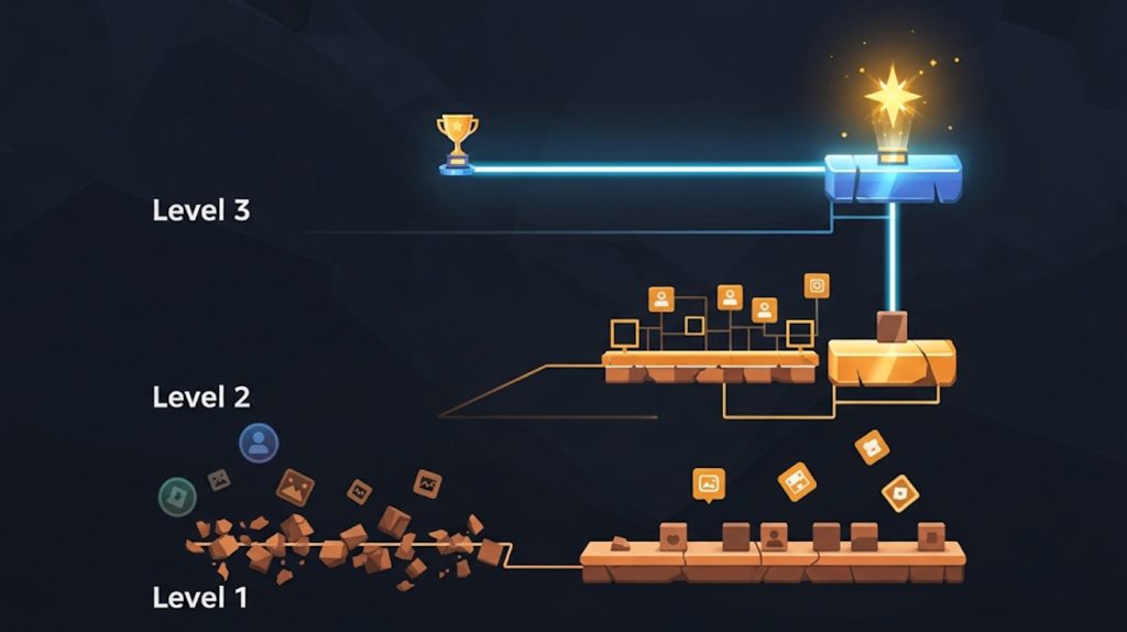An illustration of a video game interface with three distinct platforms, symbolizing the three levels of an Instagram profile from Beginner to Pro.