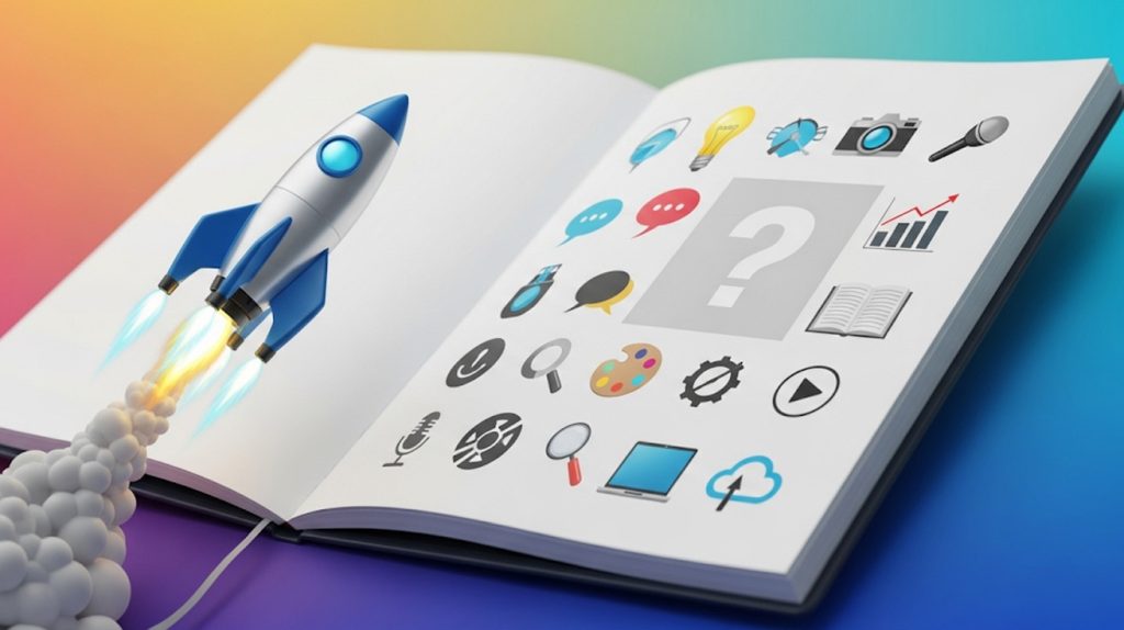 An illustration of a rocket ship taking off from a notebook filled with 30 different icons, symbolizing a creative blueprint for Instagram content ideas.