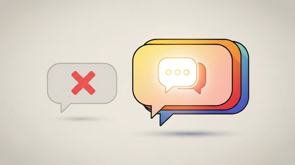 An illustration of a generic comment bubble with a red 'X' next to a vibrant, multi-layered comment bubble, symbolizing the shift to high-impact comments.
