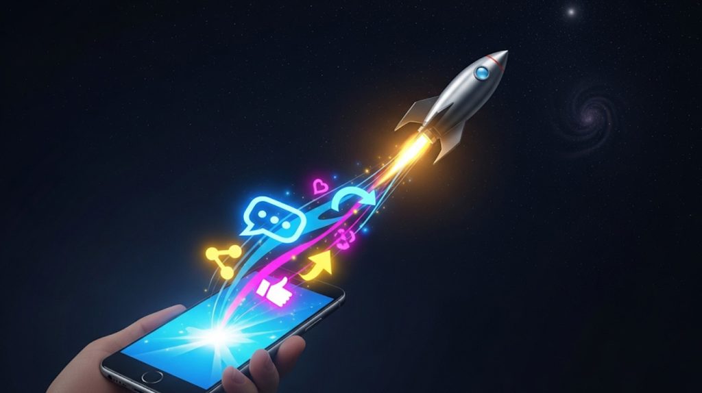 An illustration of a rocket ship launching from a smartphone, with a trail of engagement icons like comments and shares, symbolizing a powerful call to action that skyrockets engagement.