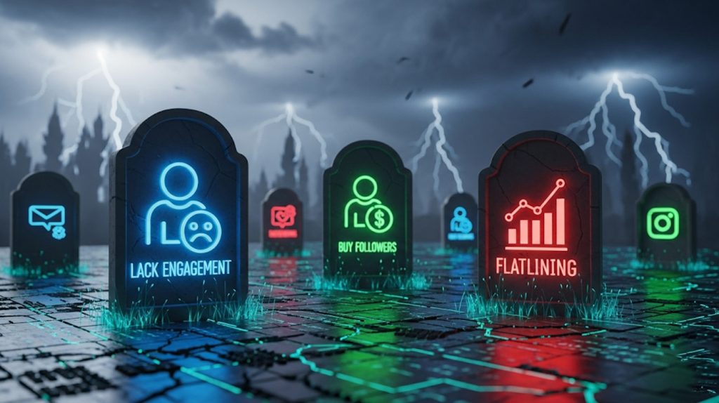 An illustration of a digital graveyard with tombstones representing Instagram mistakes like lack of engagement and flatlining growth.