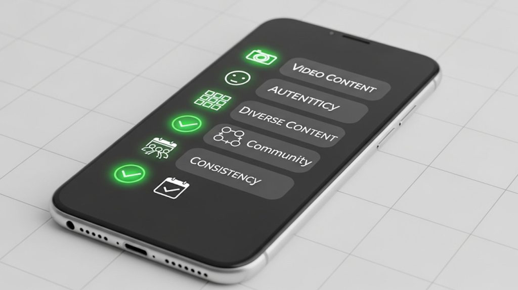 An illustration of a checklist on a smartphone screen with six glowing checkmarks next to icons for video, authenticity, content, and community, symbolizing a clear plan for Instagram growth.