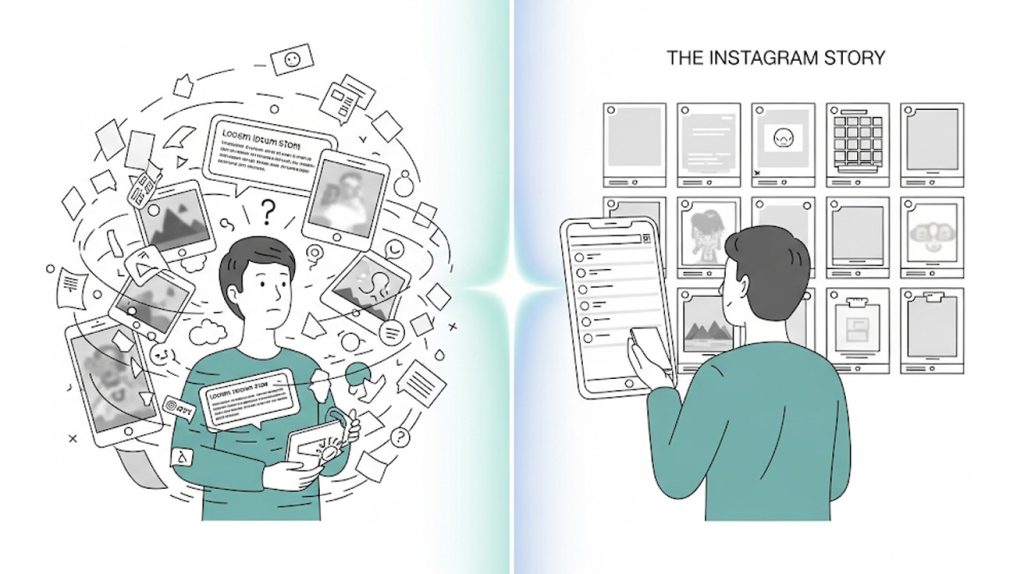 An illustration contrasting a chaotic, random approach to Instagram Stories with a clear, organized, and strategic approach.