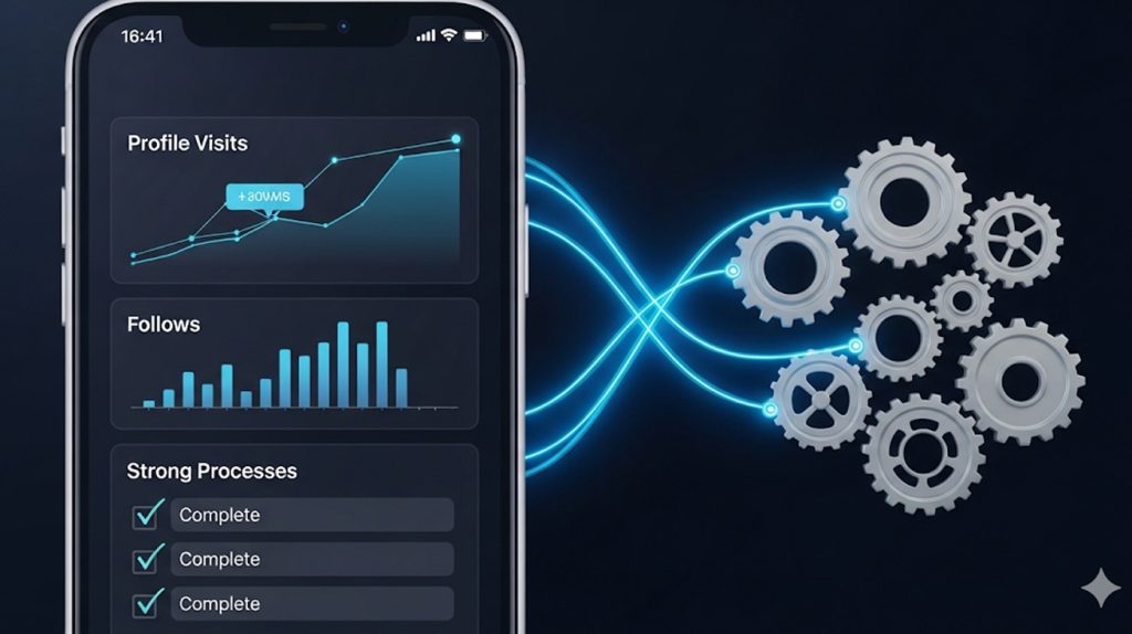 An illustration of a phone screen with a dashboard showing metrics and a checklist, connected to a series of turning gears, symbolizing the importance of analyzing results and creating strong processes for growth.