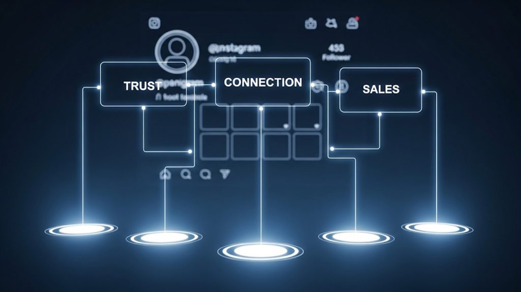 An architectural blueprint of an Instagram profile, with the highlight circles prominently featured, symbolizing a strategic plan for brand growth.