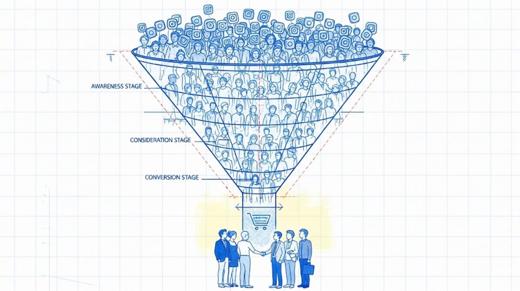 An architectural blueprint of a sales funnel, showing a large crowd of followers entering at the top and a smaller group of paying clients emerging at the bottom.