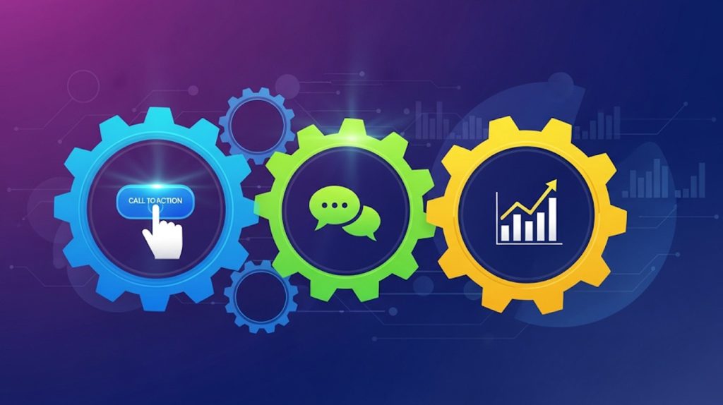An illustration of interconnected gears with icons for calls to action, comments, and a rising graph, symbolizing the system of boosting engagement to get a post to go viral.
