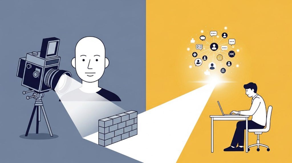 An illustration contrasting a person on camera with a person working at a desk, showing that a brand can be built from behind the scenes.