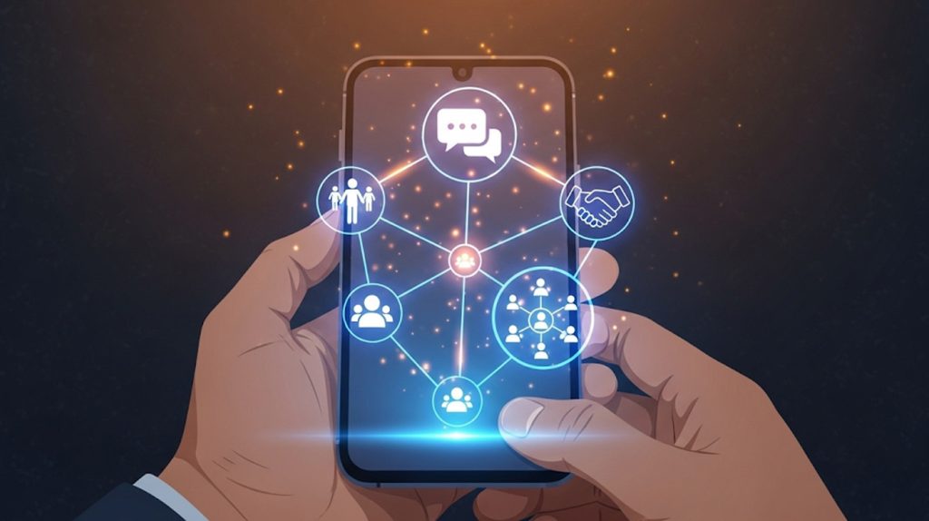 An illustration of a person holding a phone with icons for a chat bubble, a handshake, and a network of people, symbolizing the importance of connecting with others to build a powerful network on Instagram.
