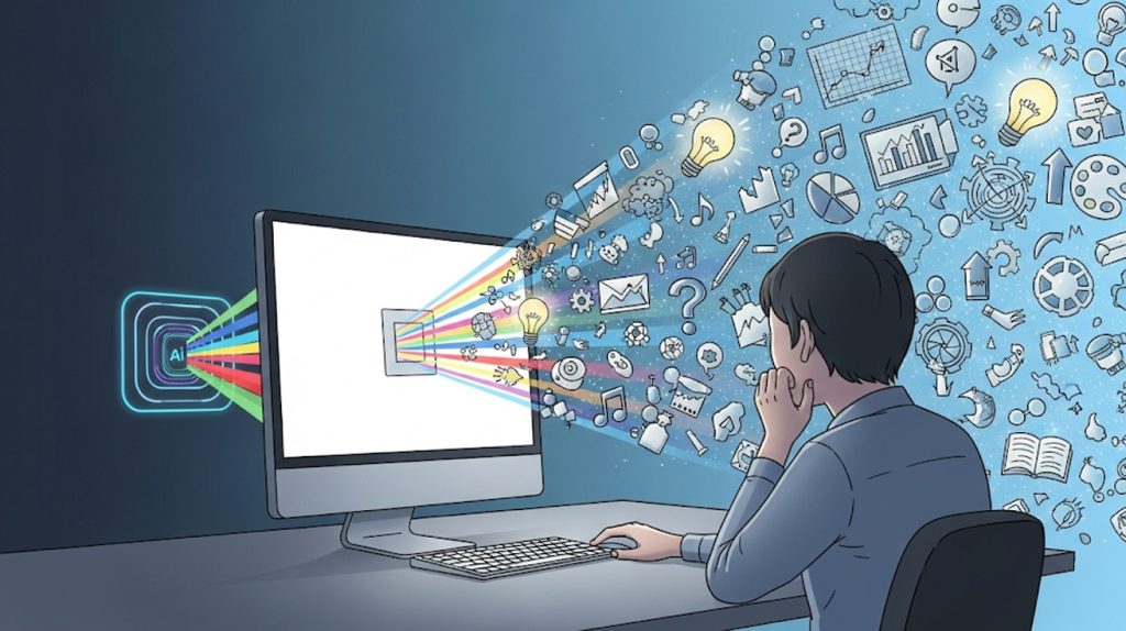 A person at a desk is shown with a blank screen, with an AI tool creating a cascade of creative ideas, symbolizing a solution to creative block.