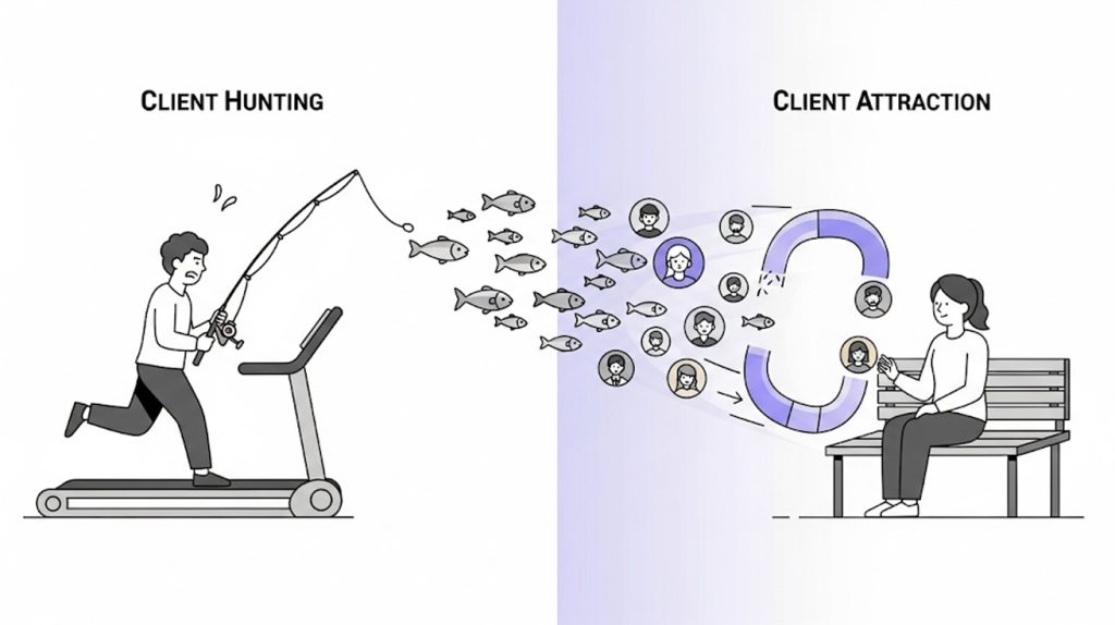 An illustration contrasting a person who is client hunting with a person who is client attracting, showing the difference in effort and results.