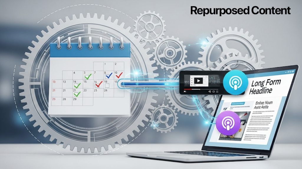 An illustration of a gear system with a calendar, video, podcast, and article icons, representing how to efficiently create and repurpose content for Instagram.