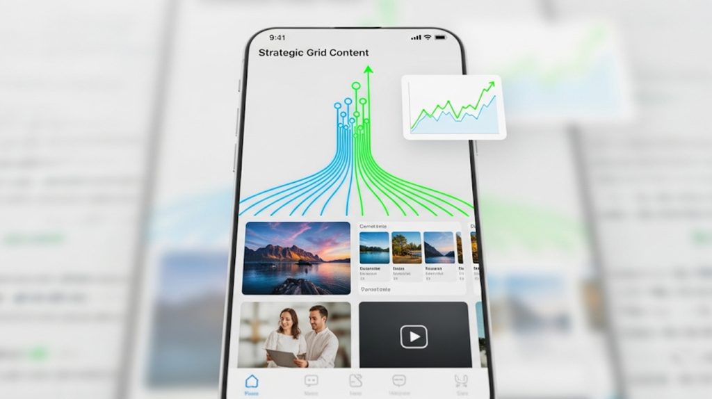 An illustration of a phone screen with different content formats flowing into a rising graph, symbolizing a data-driven content strategy for explosive growth.