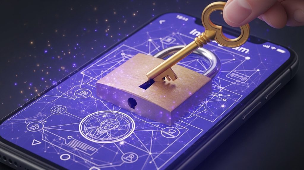 An illustration of a key unlocking a padlock on a smartphone screen, revealing a detailed blueprint of a successful Instagram profile.