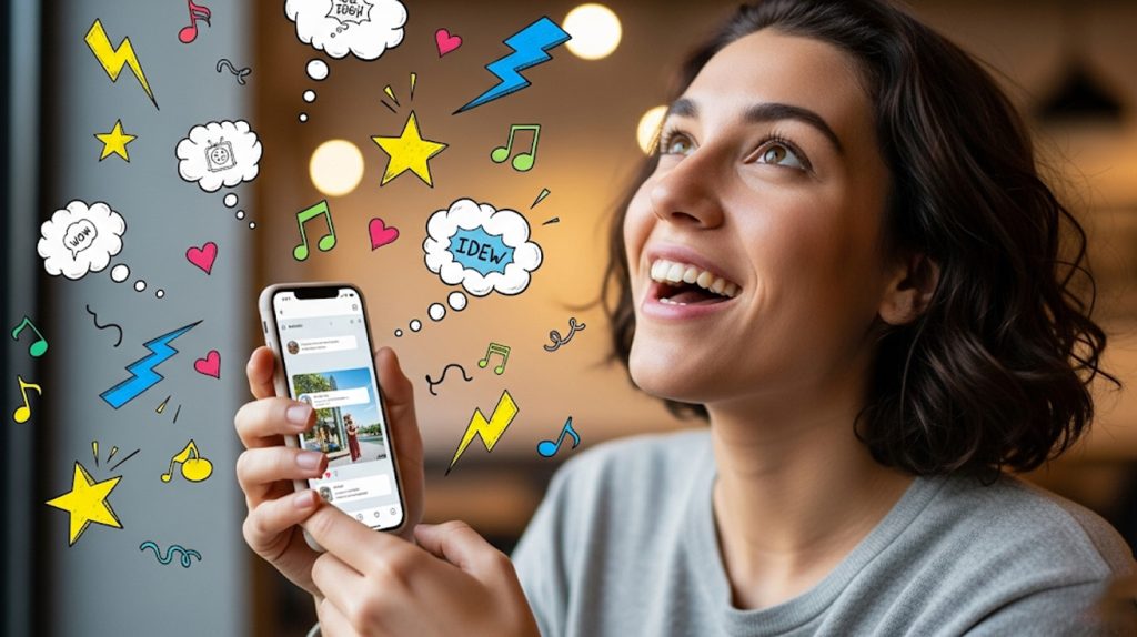 A creative person uses their phone to design an Instagram Story, with colorful, pop-art-style icons like stars, lightning bolts, and thought bubbles floating around them.