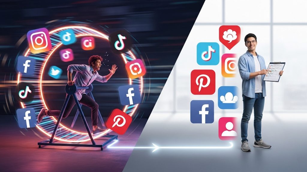 A split image showing the contrast between a person experiencing social media burnout on a hamster wheel and the same person calmly managing social media with an organized schedule.