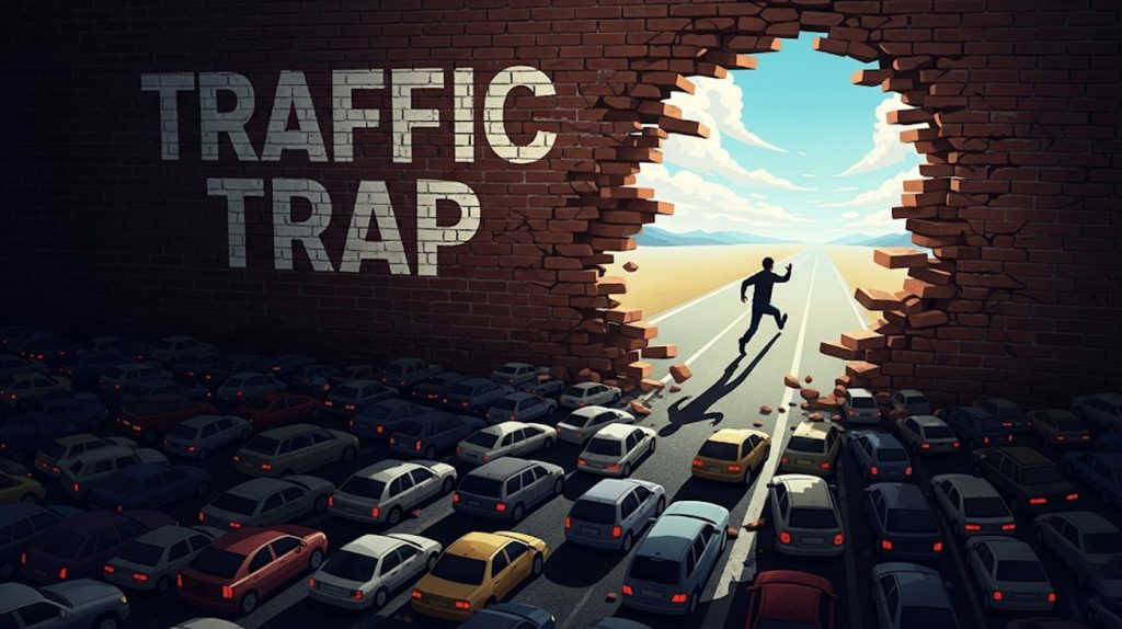 A visual metaphor showing a tangled, congested road leading to a brick wall with "Traffic Trap" written on it. A person is breaking free from the trap and running onto a clear, open highway.