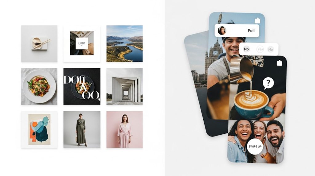 A visual representation of a split screen. On the left, a polished, curated photo grid represents the Instagram Feed. On the right, a series of dynamic, in-the-moment photos and videos with engagement stickers represents Instagram Stories.