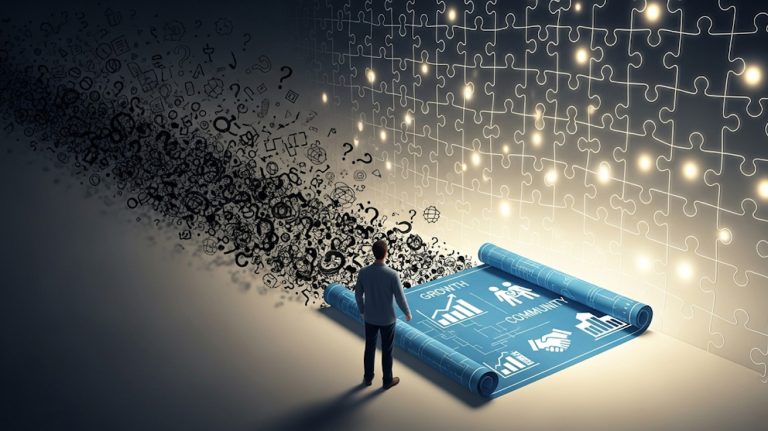 A visual metaphor showing a person at a crossroads, choosing a clear, illuminated path made of a strategic blueprint instead of a dark, confusing path, symbolizing finding a niche.