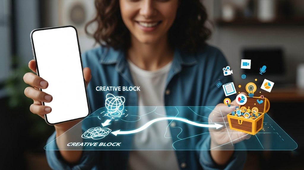 An illustration of a person discovering a glowing digital map that leads to a treasure chest of viral content ideas, symbolizing a solution to creative block.