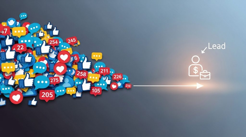 A conceptual illustration showing a path leading away from a pile of vanity metrics (likes and followers) toward a clear icon representing a business lead.
