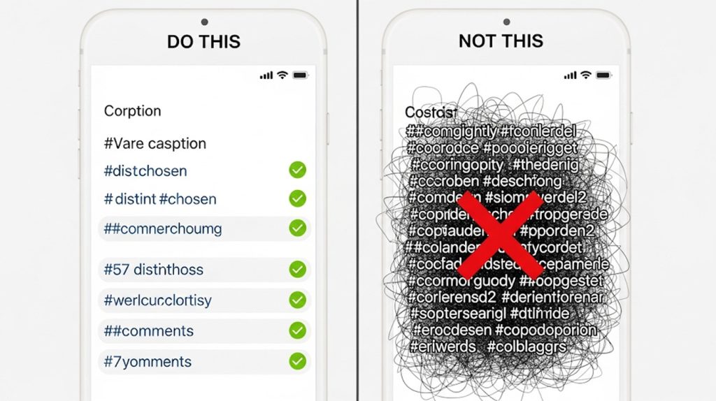 An illustration contrasting a caption with hashtags in the comments versus a caption with a large, cluttered block of hashtags, symbolizing a clear "do's and don'ts" approach.