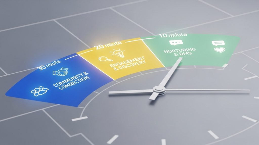 An illustration of a clock face divided into three sections for community, engagement, and nurturing, symbolizing a one-hour daily strategy for growing on Instagram.