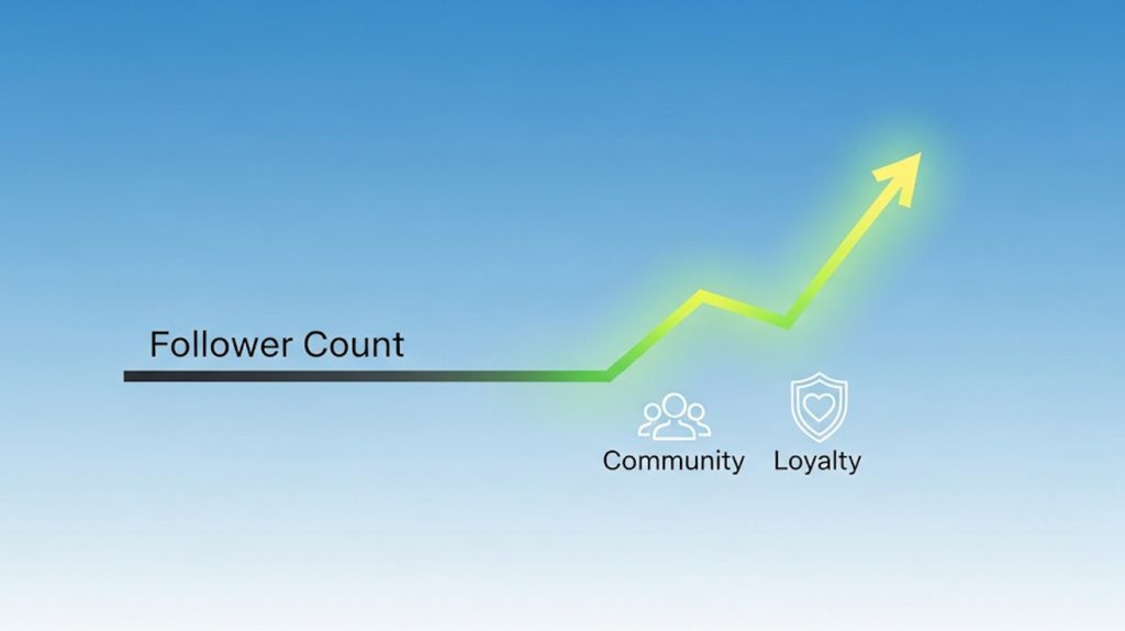 An illustration of a graph showing a flat follower count line followed by a sharp upward trend, with icons for community and loyalty at the base.