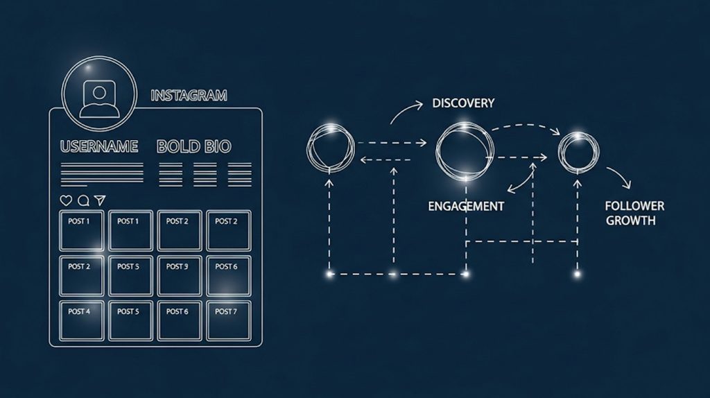 A stylized blueprint drawing of an Instagram profile page, with various elements like the profile picture, bio, and content grid highlighted. Arrows and lines connect these elements to concepts of growth, discovery, and engagement.