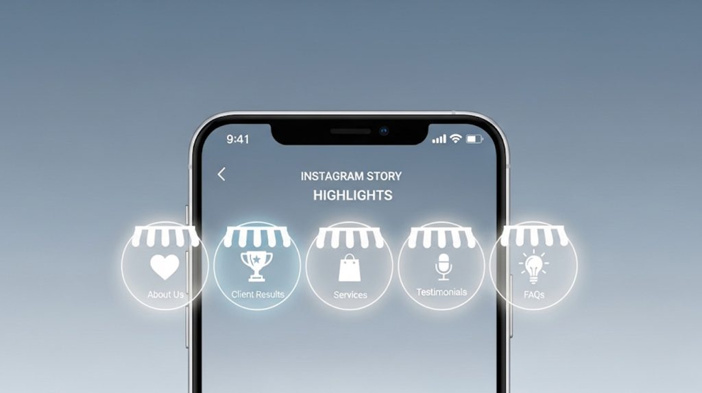 An illustration of a phone screen showing Instagram Story highlights as glowing storefronts with icons for 'About Us,' 'Client Results,' and 'Services,' symbolizing a digital storefront.