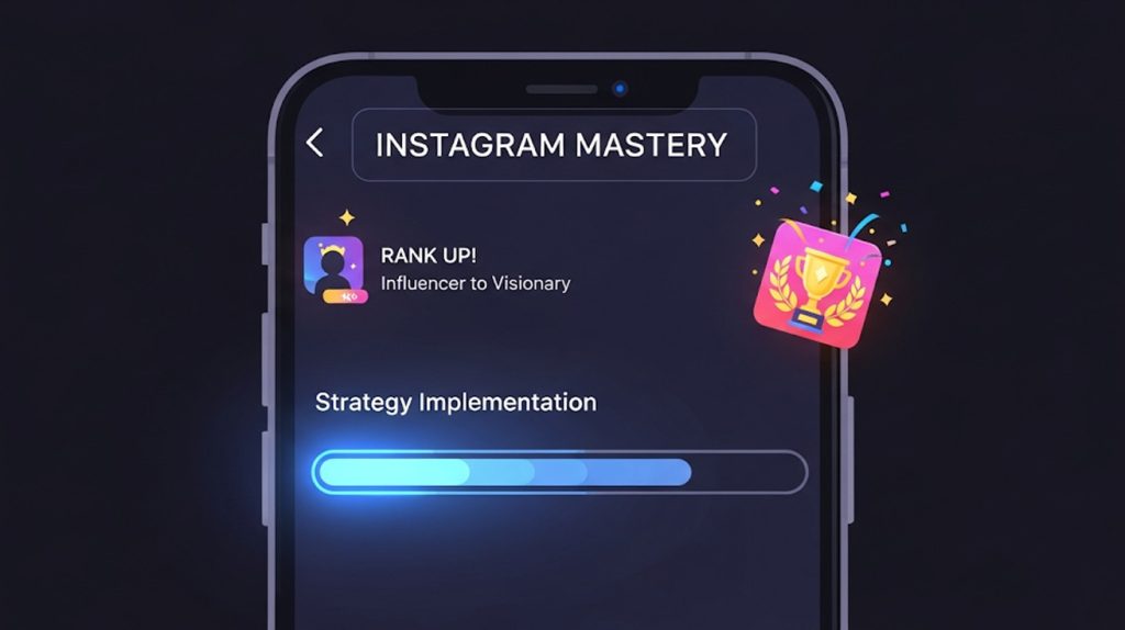 An illustration of a game-like interface on a smartphone screen, showing a character leveling up and winning, symbolizing a strategic game plan for Instagram.