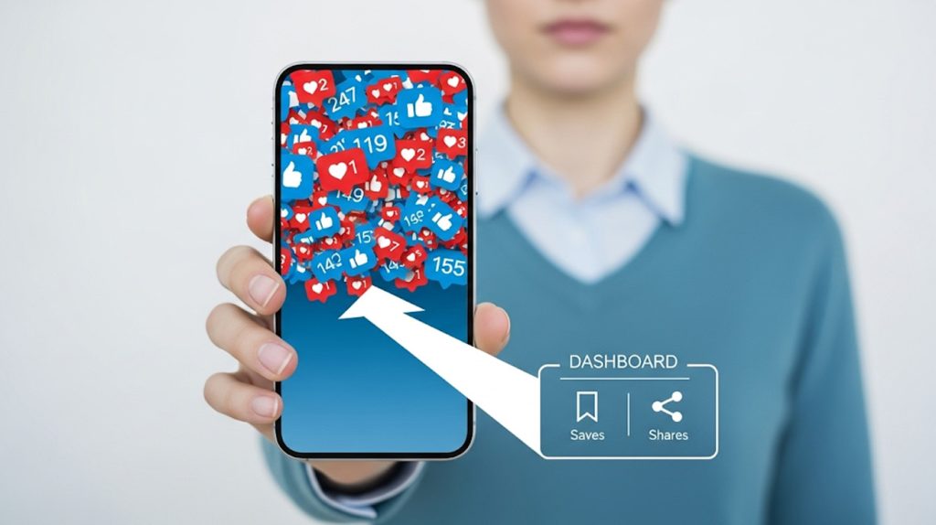 An illustration of a person looking past a screen full of likes to a clearer dashboard of real analytics metrics like saves and shares.