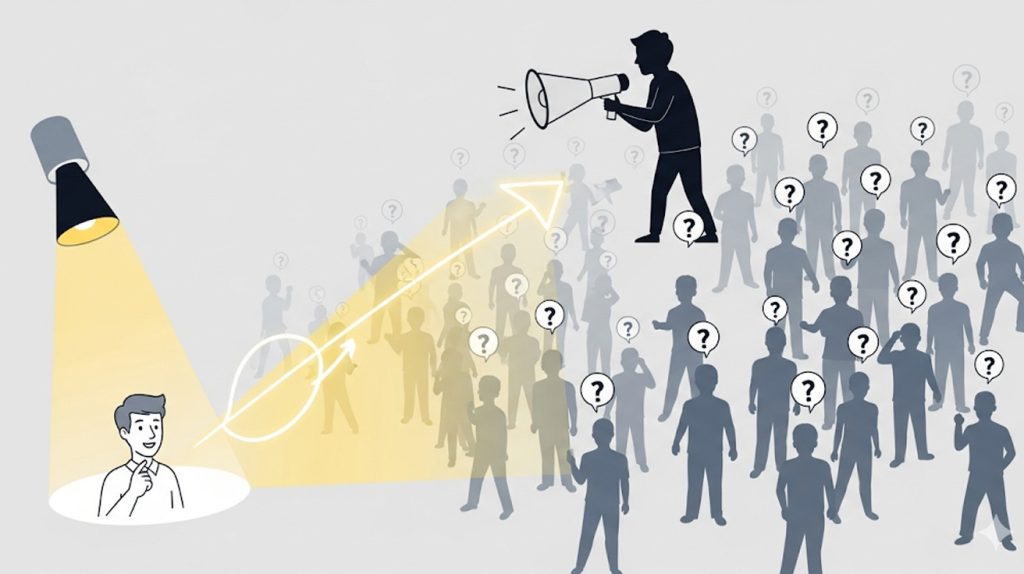 An illustration of a person trying to market to a broad crowd while the true, specific target audience stands apart, well-lit and engaged.