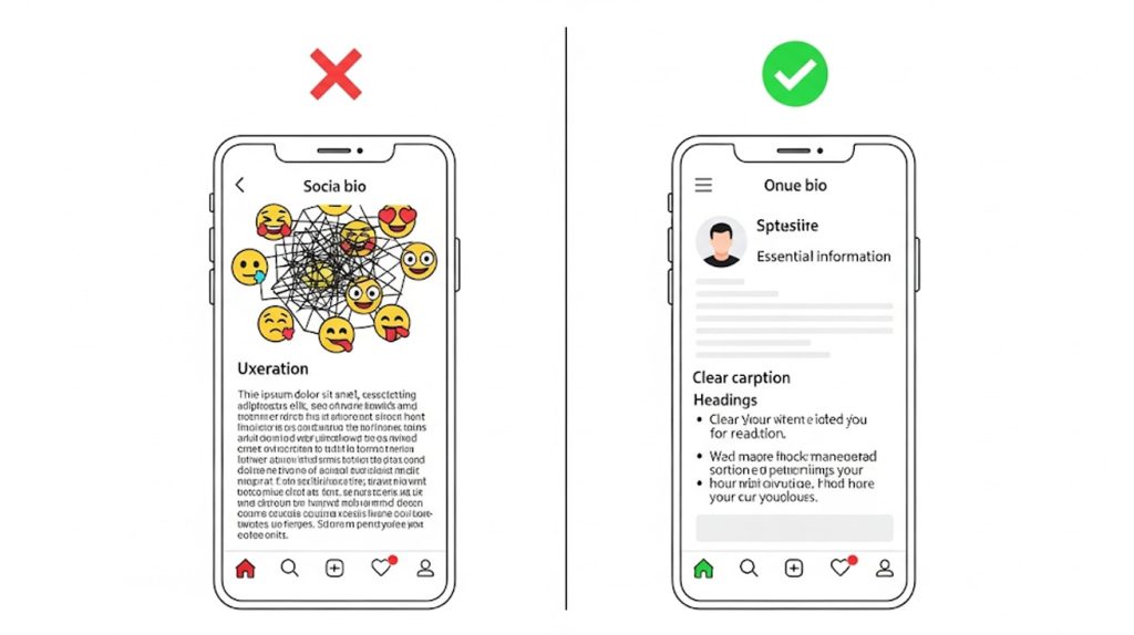 A graphic illustration comparing a messy, unoptimized Instagram bio and caption with a clean, well-structured one.