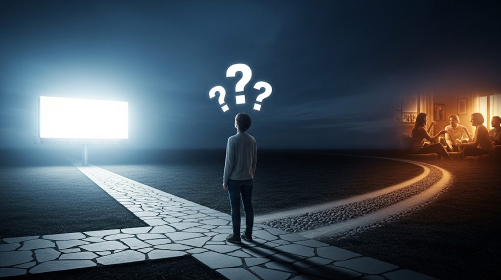 A visual representation of a split path, with one short, fast path leading to a billboard and a long, winding path leading to a deep conversation. A person stands at the fork, confused.