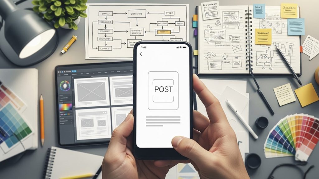 A symbolic illustration of a person holding up a smartphone with a clean, simple, and finished social media post on the screen. The post is represented as a single, polished icon. Behind the phone, a complex, detailed, multi-step process with gears, flowcharts, and research documents is visible, symbolizing the hidden work behind a single post.