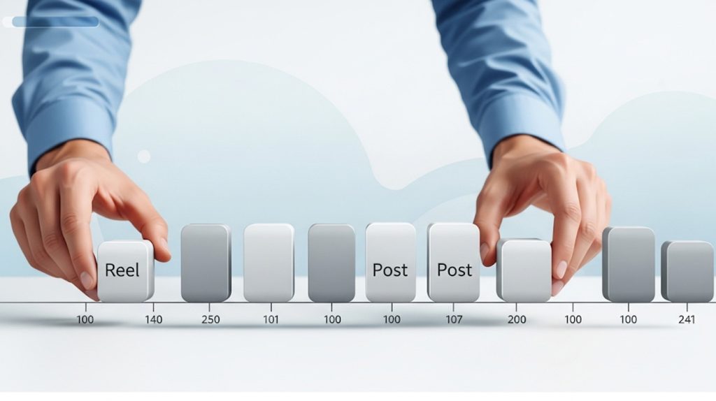An illustration of a person's hands consistently placing identical building blocks labeled "Reel" or "Post" on a timeline, symbolizing the importance of consistency for viral growth.