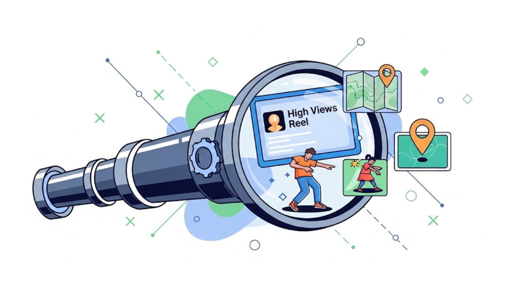 An illustration of a spyglass focused on viral content, symbolizing the strategy of finding what's already working and putting your own spin on it.