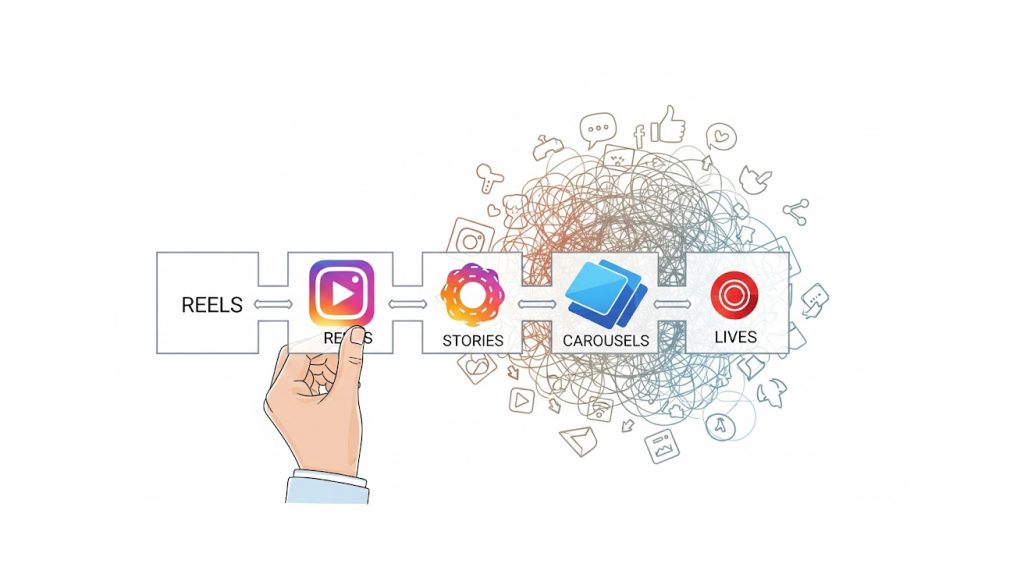An illustration showing a person's hand organizing different Instagram feature icons on a blueprint, representing a strategic approach to content.