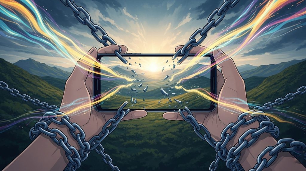 A digital illustration showing a person breaking free from chains that are wrapped around a smartphone, symbolizing freedom from endless social media scrolling.