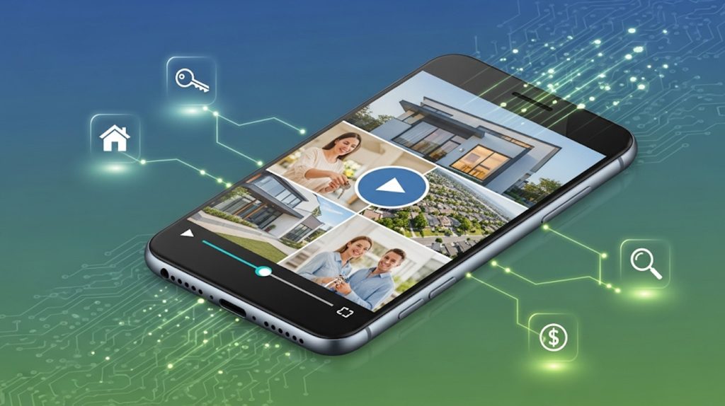 An illustration of a phone screen displaying a video reel surrounded by real estate icons, symbolizing a video content strategy for generating leads.
