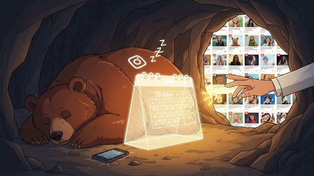 An illustration of a sleeping bear (dormant Instagram account) being woken up by a glowing 30-day calendar,