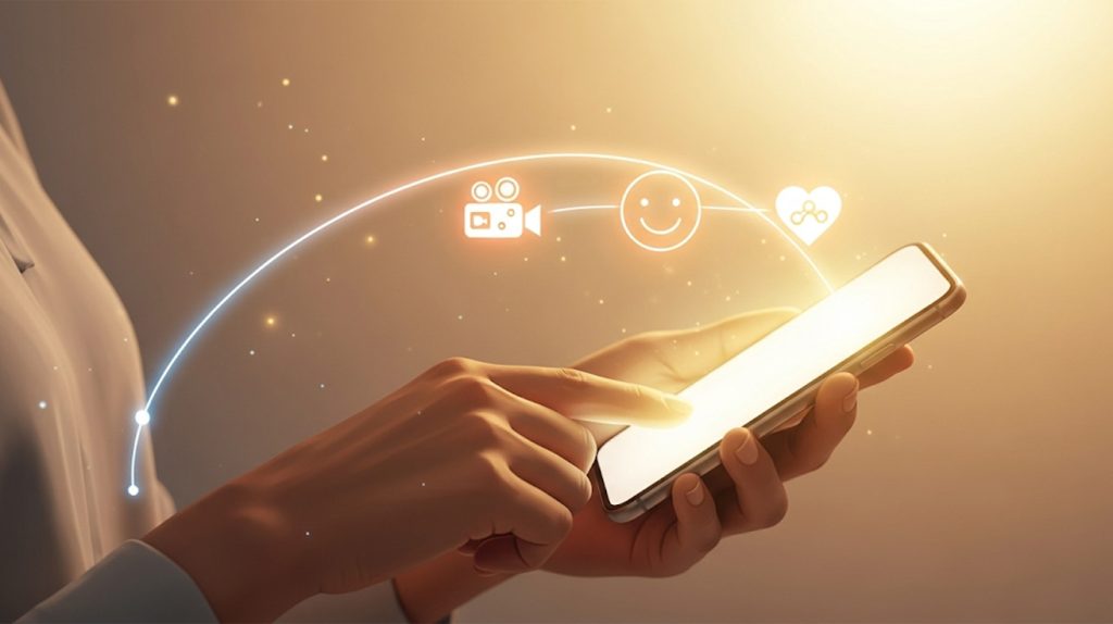 An illustration of a person's hands holding a phone with icons for a video camera and a smiling face, symbolizing the importance of being authentic on Instagram.