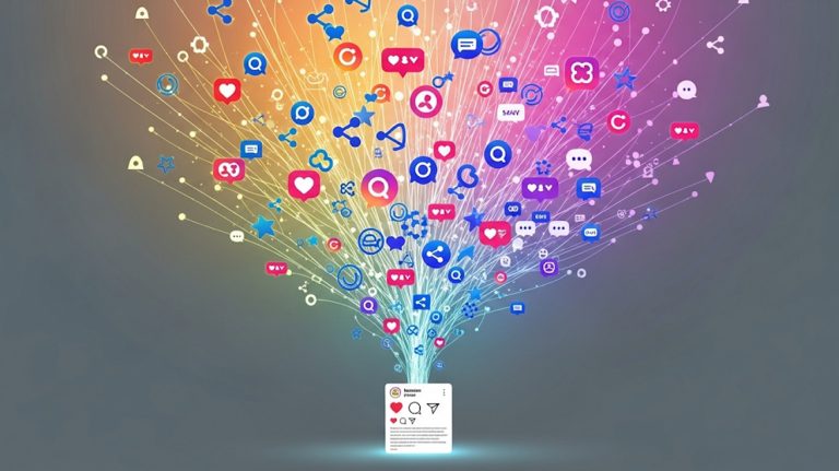 A conceptual illustration showing a single Instagram post turning into a vibrant, glowing network of engagement and community.