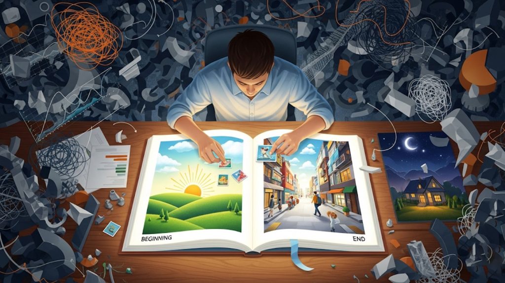 A visual metaphor showing a person arranging a jumbled pile of chaotic data graphs into a coherent, illustrated storybook with clear chapters and a compelling narrative.