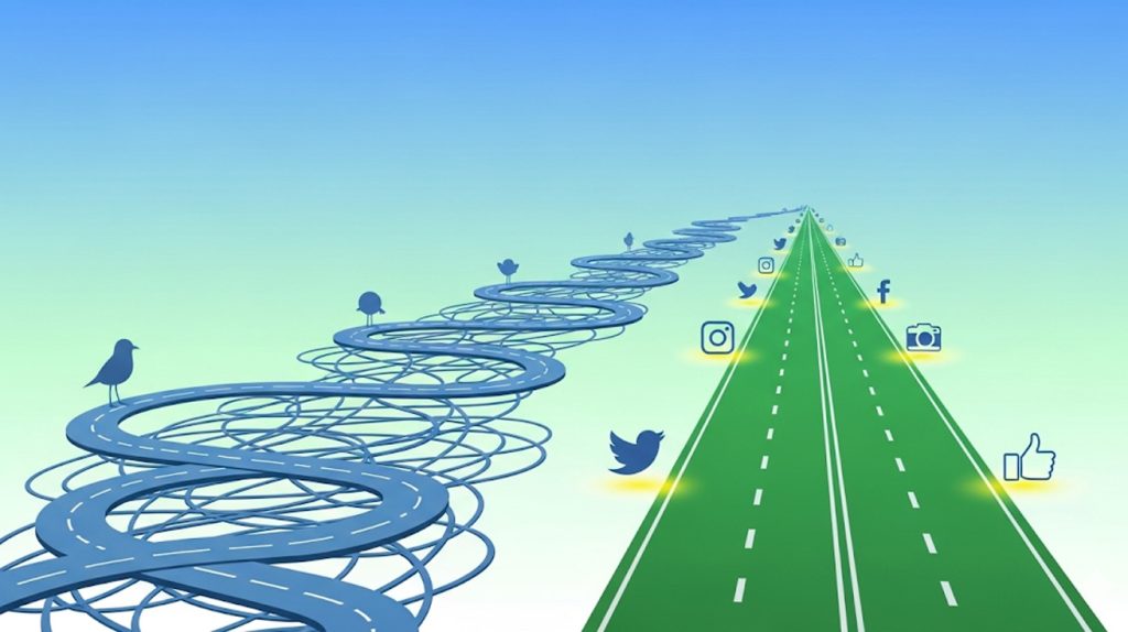 An illustration of a chaotic, winding road turning into a fast, straight highway, symbolizing a more efficient social media process.