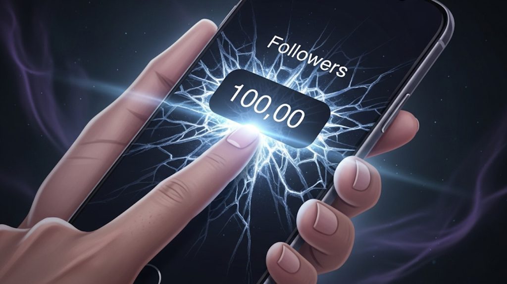 A digital illustration of a person's hand pressing on a frozen follower counter on a phone screen, symbolizing an account that is not growing.